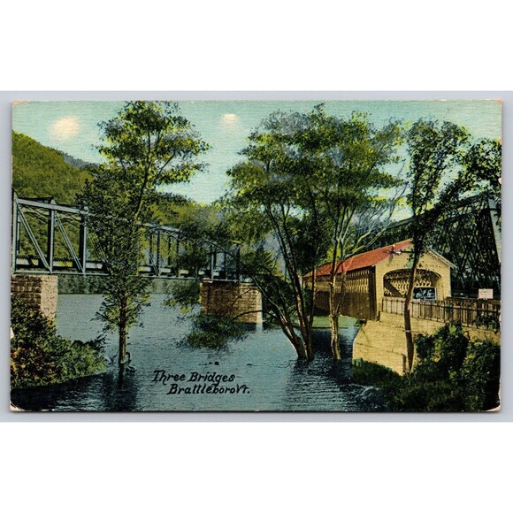 Postcard Vermont Brattleboro Three Bridges Unposted c1910s VT Antique - Picture 1 of 2